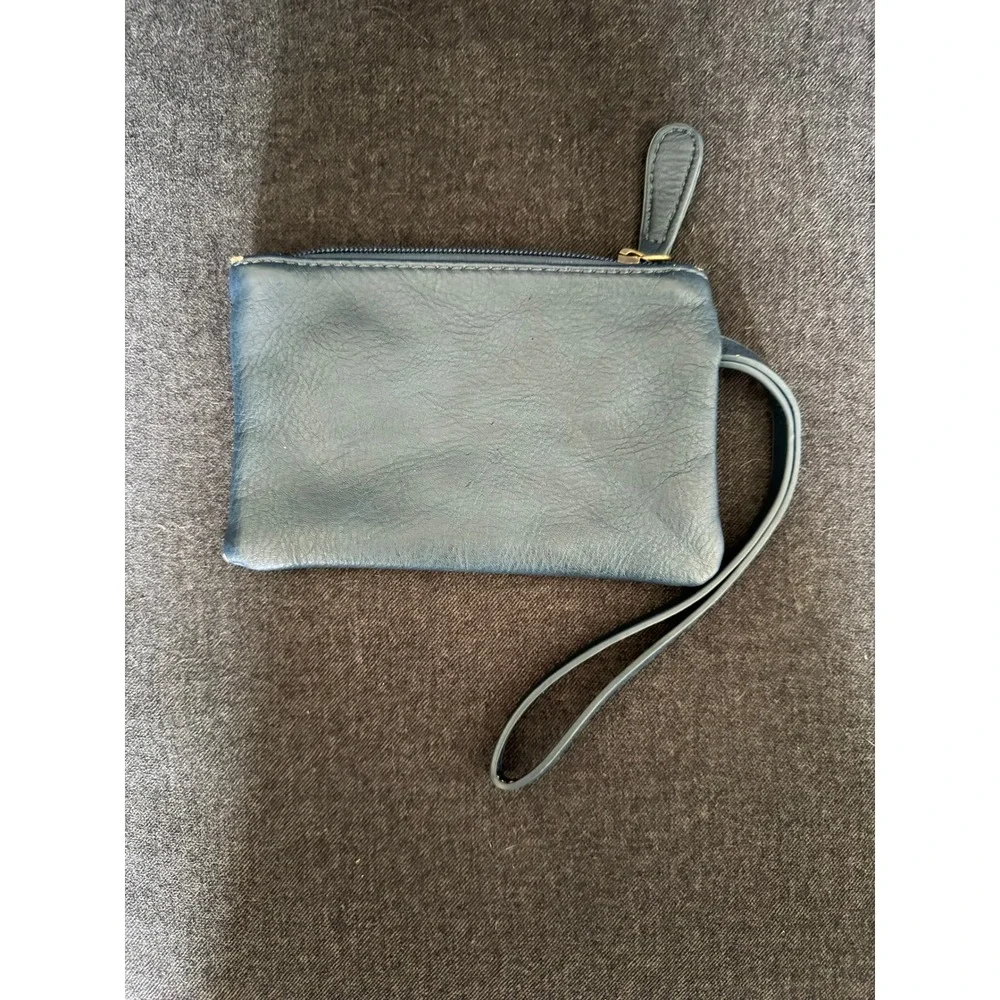Navy Blue Vegan Leather Wristlet Pouch Zippered Mini Clutch with Damask Lining